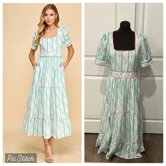 TCEC Pastel Pink Mint Green Floral Short Sleeve Cottagecore Dress Size Large - Picture 1 of 13